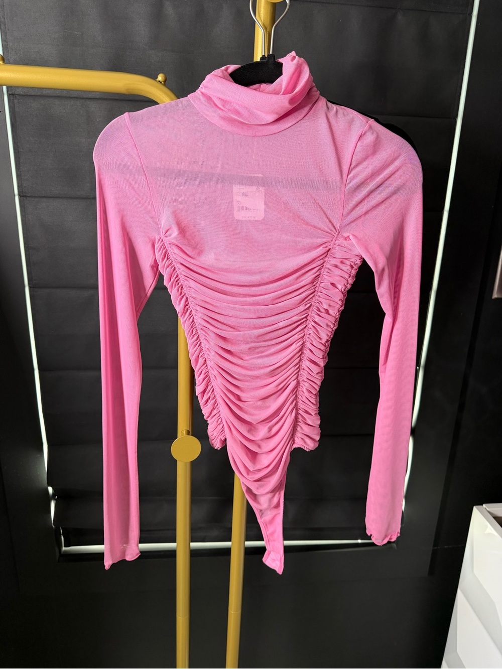 Free People Pink Ruched Long-Sleeve Turtleneck Bodysuit